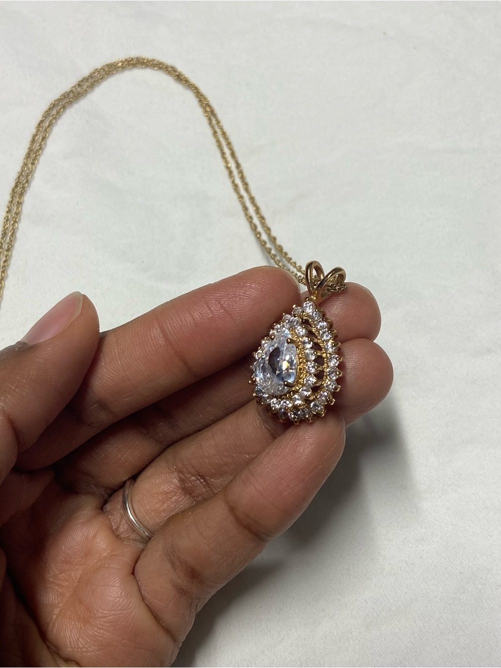 Layered Teardrop CZ Pendant Gold Tone Necklace - Elegant Women's Jewelry